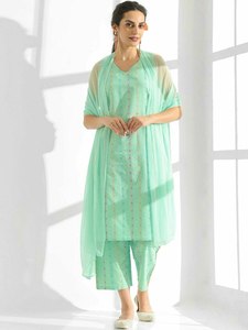 Quotidien et fête de bureau spécial pur coton imprimé numérique col en V manches moins motif longue longueur Kurti & Plazzo avec Dupatta - Product Image 2