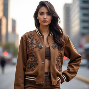 Chaqueta universitaria bordada de lana 100% para mujer, fabricación de cuello redondo, chaqueta universitaria a prueba de viento para mujer - Product Image 1