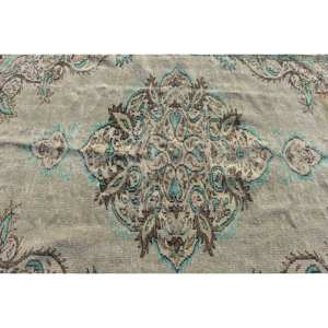 Alfombra turca Vintage de 5,4x8,5 pies, Alfombra de lana de retazos azul Beige para sala de estar con respaldo de látex, diseño clásico a rayas rectangulares - Product Image 5