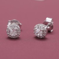 Boucles d'oreilles clous en diamant de laboratoire certifié IGI, taille coussin, avec halo, en or blanc/rose et or jaune 14 carats, micro-pavé de diamants