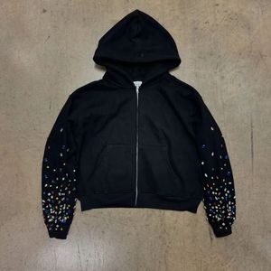 Custom Painted <b>Black</b> Distressed Hoodie and Rhinestones - <b>Men's</b> Heavyweight 500 GSM <b>Fleece</b> - Product Image 3