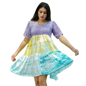 Nueva llegada elegante colección hecha a mano Tie Dye Vestido corto niñas manga corta hasta la rodilla ropa Casual tela única - Product Image 1