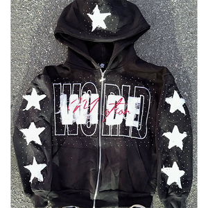 Sweat à capuche personnalisé en coton épais brodé avec patch zippé et strass Sweat à capuche personnalisé surdimensionné vieilli Vintage lavé à l'acide pour hommes - Product Image 5