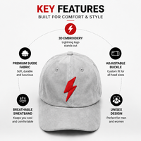 Gorra de Béisbol Premium de Gamuza con Rayo Bordado, Estilo Dad Hat, Gris, Tela Suave, Estética Urbana, Personalizable