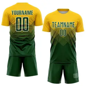 Venta al por mayor sublimada verde amarillo diseño Jersey Fútbol para hombres mujeres uniformes de fútbol para niños con nombre equipo número logotipo