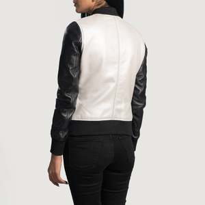 Autumn <b>Sheepskin</b> Bomber <b>Jacket</b> with Stand Collar in Silver Color Woven Fabric - Product Image 5