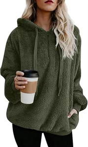 Wholesale Pocket Winter Fashion Plain Loose Custom Full Length <b>Sherpa</b> Pullover Fuzzy Fleece <b>Hoodies</b> for Women - Product Image 5