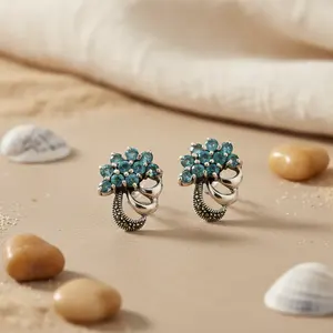 Boucles d'oreilles pendantes en argent 925 pour femmes avec pierre précieuse bleue, bijoux floraux plaqués or, style mignon pour mariage, fête ou cadeau - Product Image 1