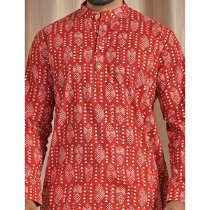 Kurta court en coton popeline rouge imprimé pour homme, chemise décontractée à manches longues, respirante et confortable - Product Image 2