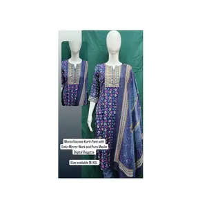 뜨거운 판매 제품 여성 비스코스 Kurti 바지 세트 거울 작업 디자인 인도 수출자의 멋진 착용