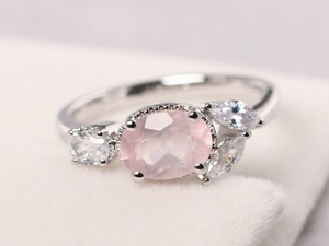 925 Sterling Silver Bridal <b>Ring</b> Natural Rose <b>Quartz</b> and CZ Cute Personalized Wedding and Engagement Gift <b>Ring</b> - Product Image 3