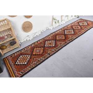 Turkish Herki Runner Rug 2.7x11.6 ft (81x354 cm), Vintage <b>Brown</b> Moroccan <b>Wool</b> Rug - Product Image 2
