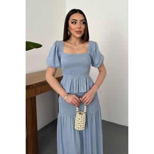Blue Smocked <b>Linen</b> Set - Blue - Product Image 3