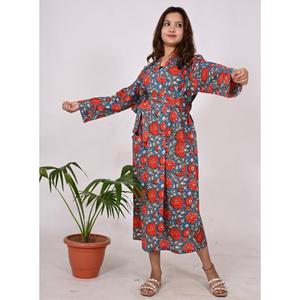 ชุดกิโมโนผ้าฝ้ายลายบล็อกพิมพ์ธรรมชาติ เอวธรรมชาติ เป็นมิตรกับสิ่งแวดล้อม น้ำหนักเบา เหมาะสำหรับใส่ไปชายหาด ชุดลำลองฤดูใบไม้ผลิ ชุดคลุม - Product Image 5