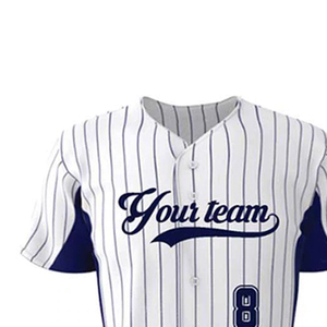 Maillot de baseball personnalisé blanc et bleu marine à rayures, imprimé par sublimation, respirant, manches courtes, unisexe, adulte, coupe classique, boutons sur le devant - Product Image 5