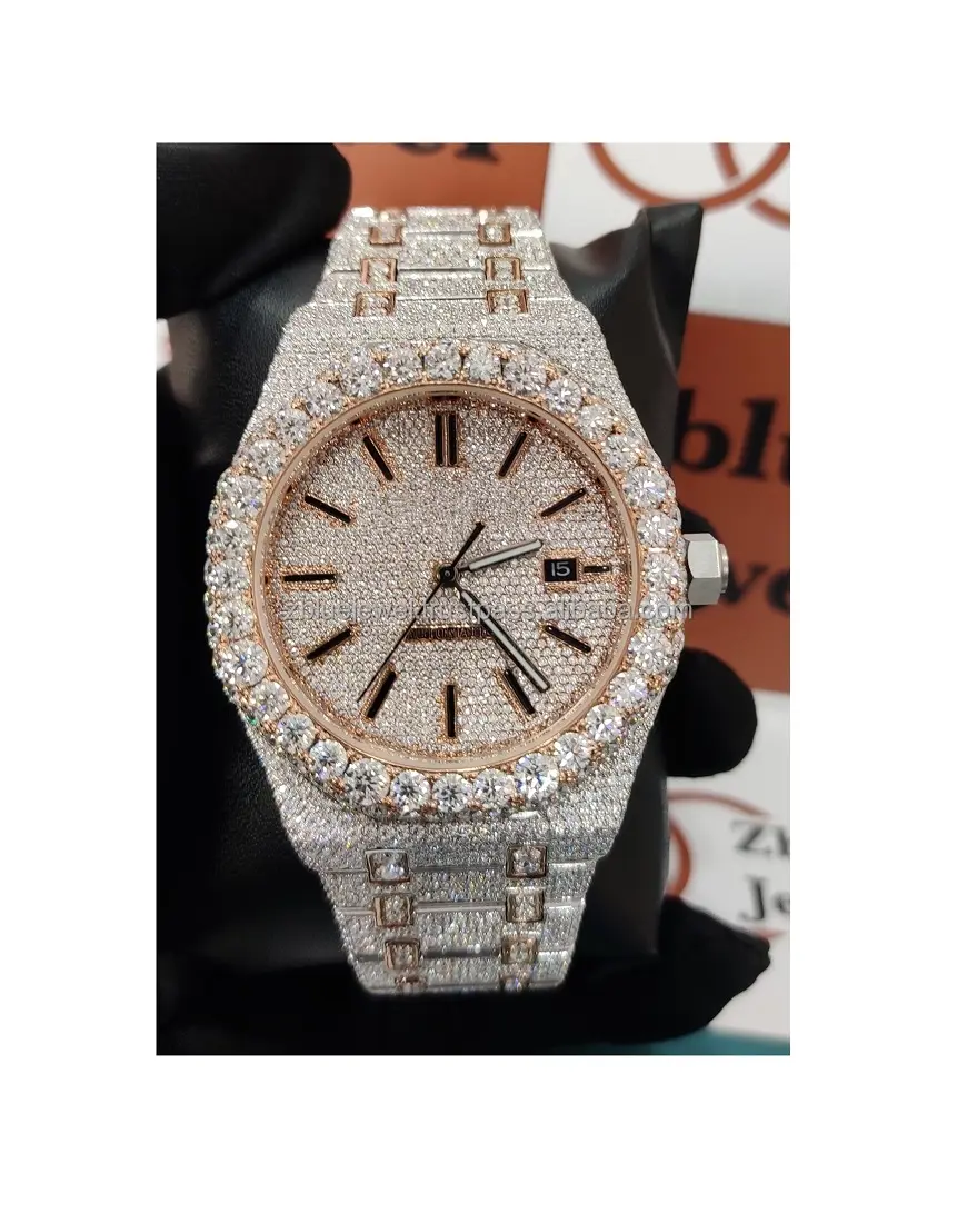 Relógio de grife de luxo de marca famosa Hiphop Bling Icedout, relógio de aço inoxidável Moissanite de diamante de 41 mm para homens e mulheres