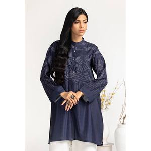 Túnica Azul Floral de Crepé Estampado para Mujer, Cuello Alto, Decoración de Encaje Bordado, Larga, Formal, de Gasa Tejida, para Oficina o Fiesta, Talla XL - Product Image 1