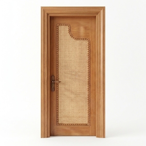 Porte intérieure traditionnelle en bois massif avec incrustation en rotin naturel et cadre décoratif pour chambre à coucher - Product Image 1