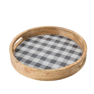 Vente en gros de plateau en bois imprimé motif Caro plateau rond en bois organisateur présentoir cadeau décoration de table du Vietnam - Product Image 1