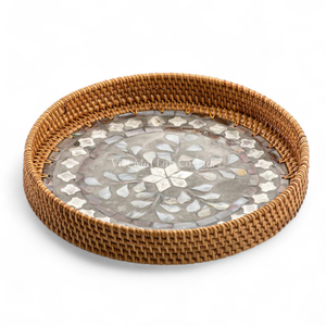 Bandeja Redonda de Ratán Estilo Bohemio Premium con Incrustaciones de Nácar, Diseño Flexible, Suministro al por Mayor para Hoteles, Restaurantes y Servicios de Catering - Product Image 3