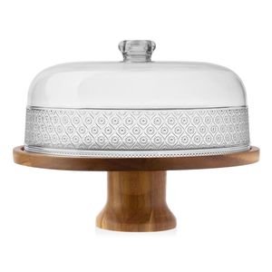 Support à gâteau en bois avec dôme en verre, conçu pour rehausser l'élégance des desserts à la maison, lors de fêtes, d'événements et de célébrations spéciales - Product Image 1
