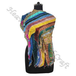 Pure Soie 15 Bandes Doux Vintage Wrap Écharpe Foulards Recyclés Fabricant En Gros De L'Inde Sari Patches Écharpe Réversible - Product Image 4