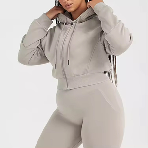 Sudadera con capucha para mujer, Top corto con cremallera completa de manga larga de algodón con estampado de logotipo personalizado, éxito de ventas - Product Image 2