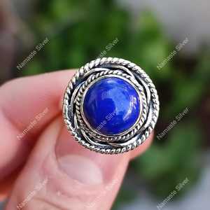 Sparkling Lapis Lazuli Engagement Gift <b>Ring</b> 925 Sterling Silver Jewelry with Cut Diamond Inlay Blue <b>Statement</b> <b>Ring</b> for Brides - Product Image 1
