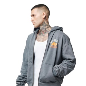 Sweat à capuche zippé graphique personnalisé OEM pour homme, gris, effet délavé vintage, imprimé fruits, vêtement de sport, vêtement d'extérieur, haut pour homme - Product Image 2