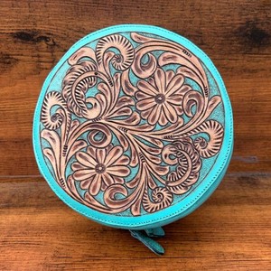 New Arrival Hand Tooled Leather Stylish <b>Makeup</b> Cosmetic <b>Storage</b> Box <b>Makeup</b> Box ,Turquoise Color Vanity Bathroom Organizer Box - Product Image 2