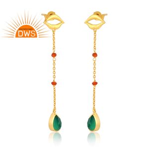 Best Quality Sterling Silver 18K Gold Plated <b>Red</b> Onyx & Green Onyx Gemstone Dangle <b>Earring</b> Demi Fine Jewelry For Women Gift For - Product Image 2