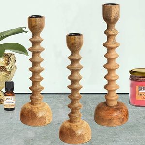 Portavelas de madera tallada a mano, Juego de 3 portavelas de madera de mango de aspecto Premium para decoración interior y exterior al precio más bajo - Product Image 3