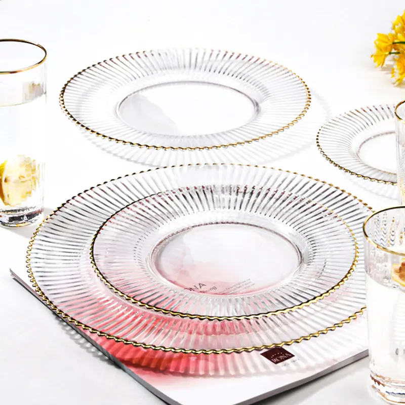 DP42 Hot Sales Bulk Luxury Round Dessert Reusable Crystal Glass Plate Gold Rim Charger Plates