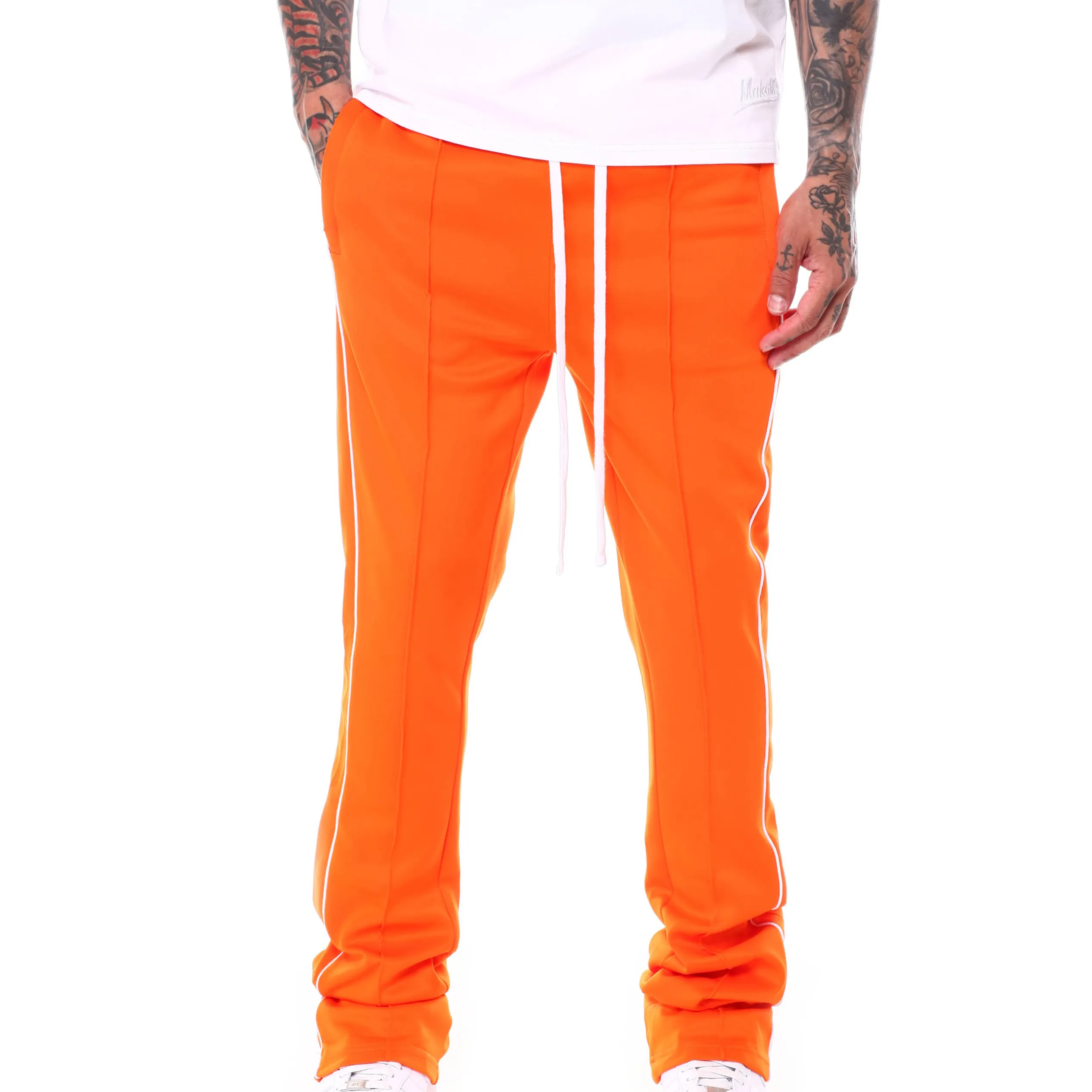 Düz bacak bölünmüş Hem % 100% pamuk Vintage yıkanmış turuncu Streetwear fransız Terry erkekler yığılmış pantolon