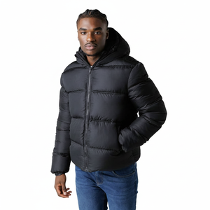 Wholesale Customizable Front Logo Hooded Men's Puffer Jacket with <b>Polyester</b> <b>Filling</b> Windproof & Breathable Streetwear Design - Product Image 1