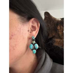 Navajo Kingman Turquoise Sterling Silver Drop <b>Earrings</b> <b>Post</b> Dangle Cluster Design Geometric Pattern Gold Plating Pearl Main - Product Image 2