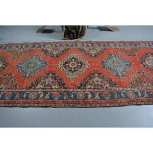 Alfombra turca Vintage de 4 pies, 6 pulgadas x 12 pies y 3 pulgadas, diseño de retazos rojo y azul, tejido plano, respaldo de látex de lana para decoraciones de sala de estar - Product Image 3