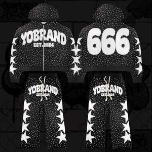 Survêtements en strass pour hommes VOTRE NOM DE MARQUE Survêtement évasé unisexe Broderie à capuche et pantalons ensembles délavés à l'acide - Product Image 1