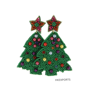 Boucles d'oreilles en perles de sapin de Noël faites à la main avec perles de verre vertes et strass rouges sur crochets en argent - Product Image 2