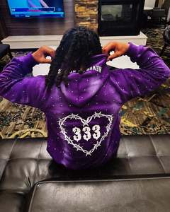 Nueva ropa de calle personalizada, chándal de diamantes de imitación, chándal bordado desgastado con lavado ácido para hombre, conjunto de Sudadera con capucha y Jogger con cremallera - Product Image 5