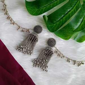 Efulgenz Indian Wedding Jewelry Oxidized Jhumka Jhumki Juego de pendientes colgantes con cadena de oreja Mayorista indio Joyería para mujeres - Product Image 2