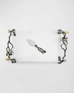 Plateau en marbre blanc avec poignées au design floral noir Aspect contrasté élégant Parfait pour servir un décor de vanité et une table élégante - Product Image 1