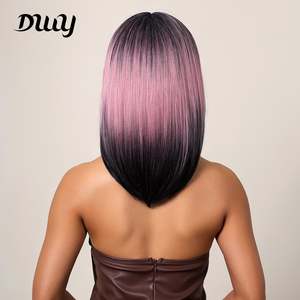 16 Inches <b>Long</b> Straight Pink Gradient Black Synthetic <b>Wigs</b> Bangs for Women Daily Use Party Cosplay Taking Stretched 32 Inches - Product Image 6