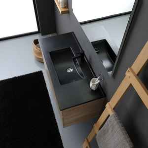 Meuble de salle de bain mural en chêne naturel de 100 cm avec lavabo noir mat Shanghai - Catégorie de produit : Lavabos - Product Image 3