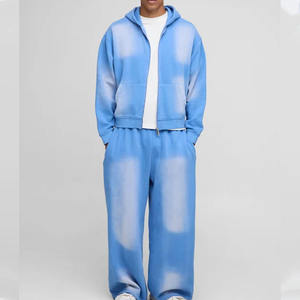 Acid Wash Sweat Suits Cotton Thick Zip up Applique Embroidery Patch Flared Full Tracksuits Hoodies and <b>Sweatpants</b> <b>Sets</b> for Men - Product Image 1