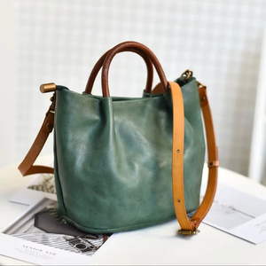 Bolso Tote de Cuero Genuino de Color Sólido, Cierre Abierto, Diseño Minimalista, Uso Diario, 7.9x8.7x5.1 Pulgadas - Product Image 1