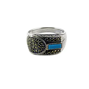 Bague en argent 925 avec grappe de marcassite et pierre turquoise, bijou raffiné avec rhodium, cadeau pour elle - Product Image 1
