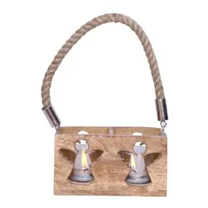 Houten Kerst Dubbele Kaars Votive Met Touw Handvat Engel Snijden Creatieve Handgemaakte Home Hotel En Festival Decoratief