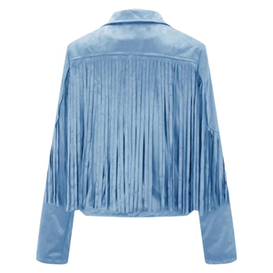 Chaqueta corta con flecos de gamuza azul cielo bohemio Vintage para mujer abrigo de solapa frontal abierto de manga larga con borlas, estilo de otoño transpirable - Product Image 2