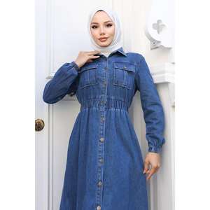 Manteau modeste bleu à devant ouvert et élastiqué MSW19228-1 par Jacket & Trenchcoat - Product Image 2